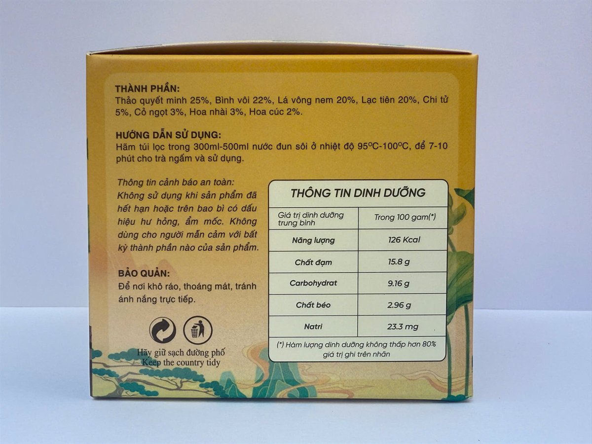 Mặt sau hộp Trà Tam Tiên Bảo in thành phần và hướng dẫn